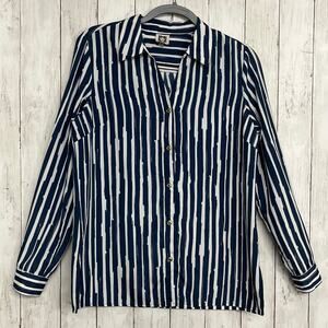 Ann Klein Blue White Stripe Roll Sleeve Lightweight Beach Summer Button Up Shirt